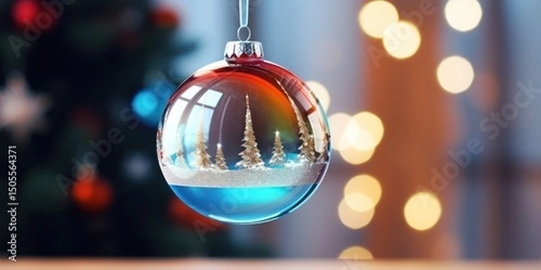 Obraz A colorful Christmas ornament with a snow-covered forest scene inside, hanging from a tree with lights in the background.