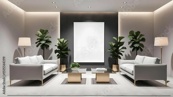 Fototapeta Luxury modern living room minimalist decor, large white mockup frame centered on textured dark wall elegant lighting, interior with attractive color combination