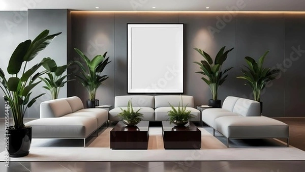 Fototapeta Luxury modern living room minimalist decor, high-end modern aesthetic, large white mockup frame centered on textured dark wall elegant lighting, interior with attractive color combination