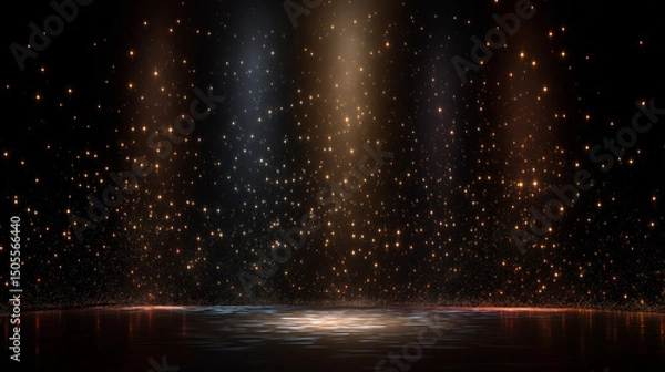 Fototapeta Elegant stage illuminated by cascading golden lights and spotlights reflecting on glossy floor