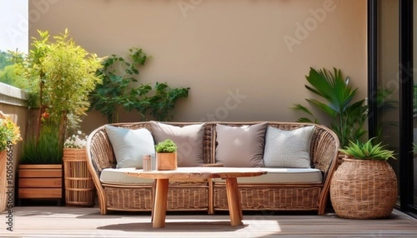 Fototapeta a patio with a wicker sofa a wooden coffee table and plants
