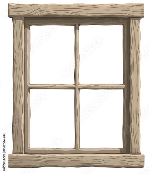 Fototapeta Rustic wooden window frame with four panes showing natural wood texture