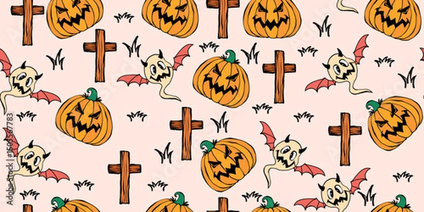 Fototapeta Cute Halloween Pattern with Pumpkins, Ghostly Bats, and Wooden Crosses on White Background. Playful cartoon icons arranged in a seamless backdrop, perfect for print, apparel, web