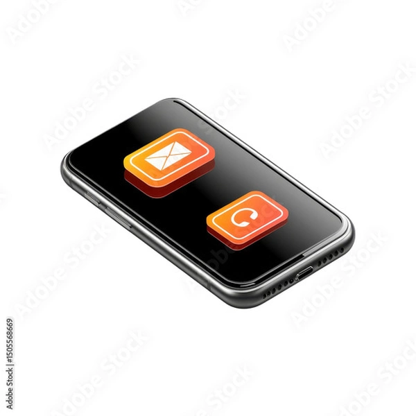 Fototapeta Modern smartphone displaying vibrant email and call icons against sleek on transparent background