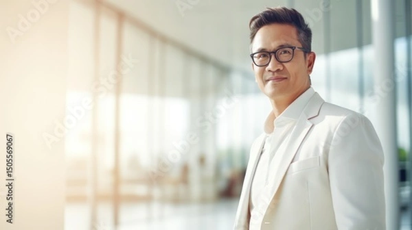 Obraz A man in a white suit standing in a modern office with a glass wall.