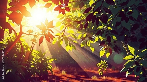 Fototapeta Sunbeams streaming through lush green foliage creating a vibrant forest scene