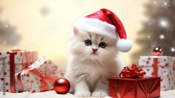 Obraz A white kitten wearing a Santa hat, surrounded by gift boxes and a Christmas tree, against a festive background with snowflakes and stars.
