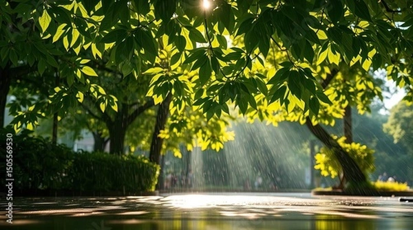Fototapeta Sunlight filtering through lush green leaves and rain creating a serene outdoor scene