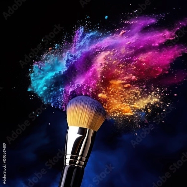 Obraz A vibrant, colorful makeup brush with a fluffy, multi-colored powder explosion against a dark, moody background.