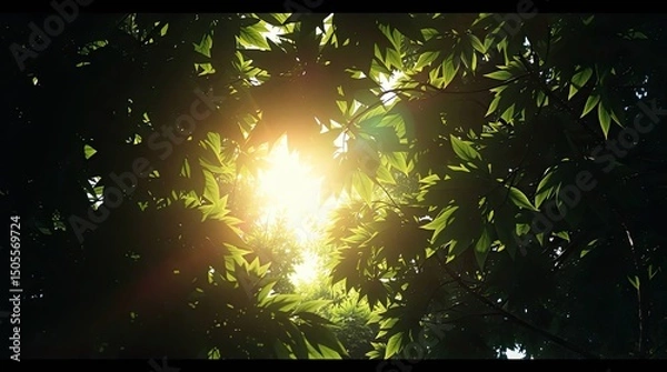 Fototapeta Sunlight filtering through lush green leaves creating a vibrant and natural forest scene