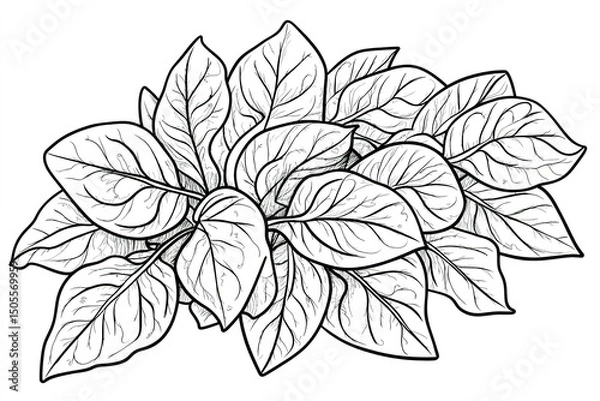 Fototapeta A bunch of fresh spinach leaves, drawn with simple outlines in a fun and engaging coloring book style