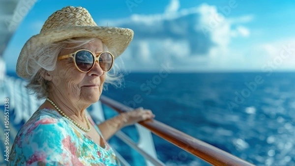 Obraz Elegant older woman looking toward the ocean with peaceful expression