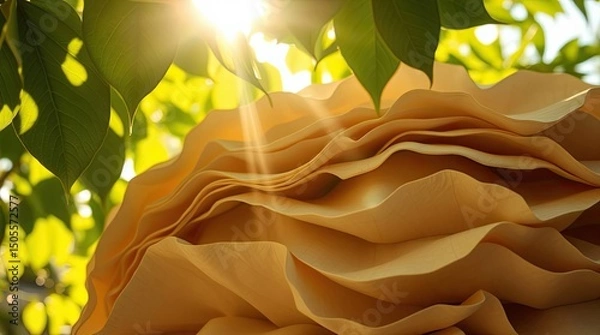 Fototapeta Sunlight streams through green leaves, illuminating a layered, yellow, abstract form