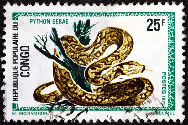 Fototapeta Postage stamp Congo 1969 rock python, python sebae, is a species of large constrictor snake native to sub-Saharan Africa