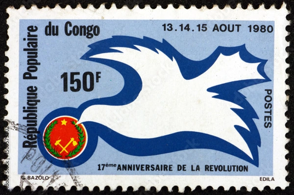 Fototapeta Postage stamp Congo 1980 dove on flag, 17th anniversary of the Revolution