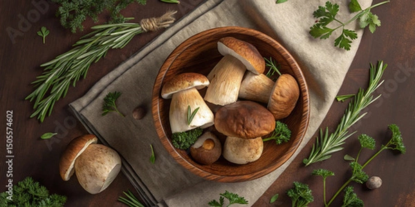Fototapeta Fresh forest mushrooms /Boletus edulis (king bolete) / penny bun / cep / porcini / mushroom in an old bowl / plate and rosemary parsley herbs on the wooden dark brown table, top view background banner