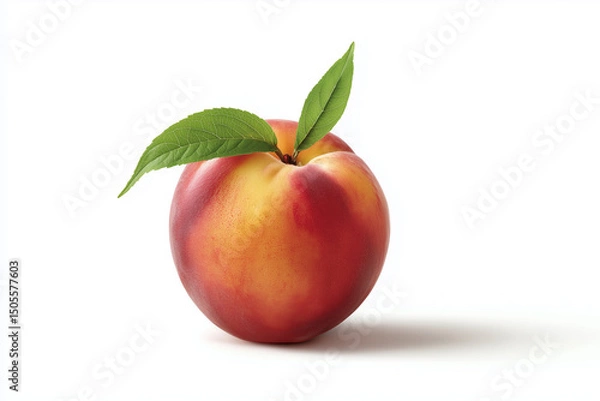 Fototapeta A red and yellow peach with a green leaf on top. The peach is ripe and ready to eat