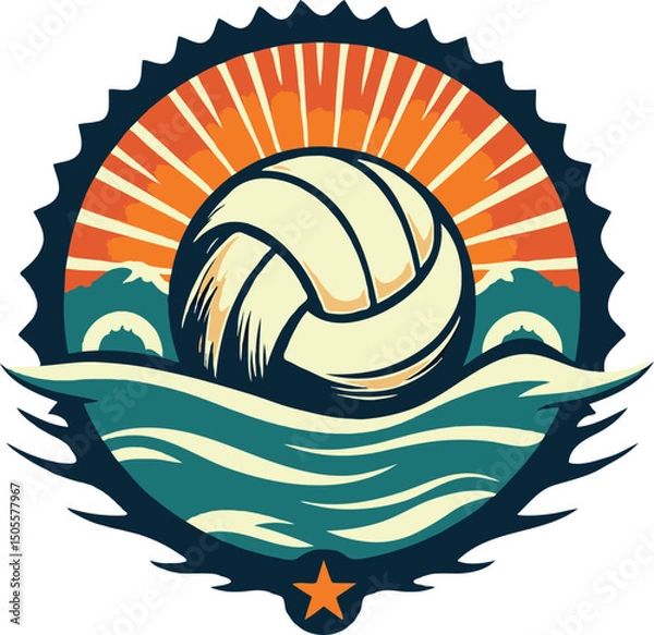Obraz Vintage beach volleyball emblem design with waves and sun
