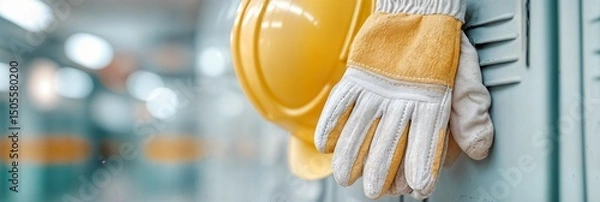 Fototapeta Protective leather gloves and yellow safety helmet hanging on locker hooks in an industrial locker room. Workplace safety and construction concept. Suitable for articles, banners, or brochures.