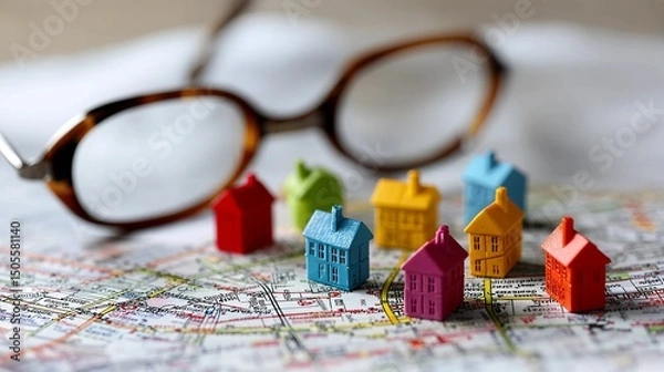 Obraz Colorful miniature houses scattered on a detailed map with reading glasses