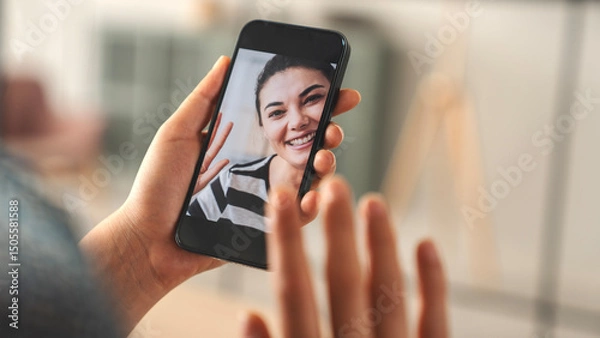 Fototapeta Home video call on mobile phone