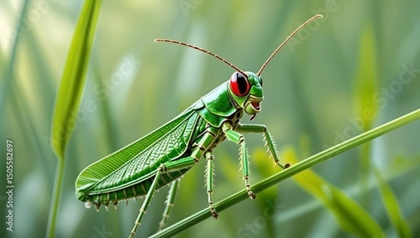 Fototapeta Ant’s-eye view of a grasshopper standing tall on a blade of grass, with depth of field 03