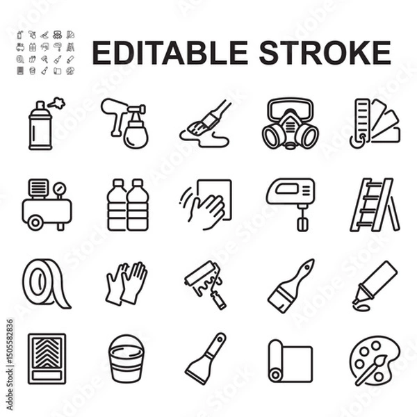 Fototapeta Set of vector icons related to painting. Thin line vectors, contains icons such as paint can, brush, spray paint and more.