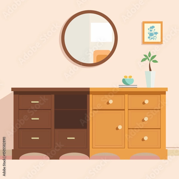 Fototapeta Before and after of a dresser and mirror for an upcycle, decor or DIY project against a wall in the living room at home. Second hand furniture for interior design of a sustainable and zero waste house
