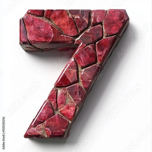 Fototapeta Number 7 shaped from red stone texture glossy font, isolated white