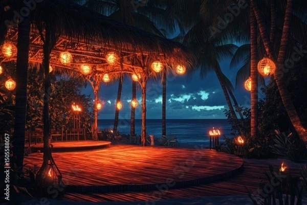 Obraz Nighttime scene with lanterns and reflections