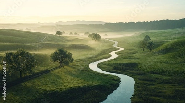 Obraz River winding through lush landscape