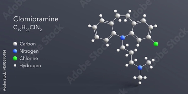 Fototapeta clomipramine molecule 3d rendering, flat molecular structure with chemical formula and atoms color coding
