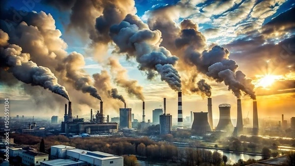 Fototapeta Environmental pollution from industrial factories releasing smoke and pollutants into the atmosphere