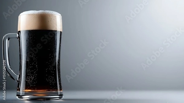 Fototapeta Cold Dark Beer with Frothy Head in a Clear Glass Mug on a Minimalist Gray Background
