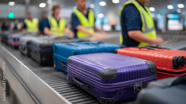 Obraz A cascade of vibrant suitcases in assorted sizes and styles slide past security scanners on the conveyor belt, with focused airport workers ensuring swift baggage processing for ho