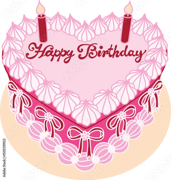 Obraz Line art drawing bow ribbons around pink heart shape Happy Birthday cake, clipart coquette aesthetic for design element with copy space for name or age number. Vector illustration.	