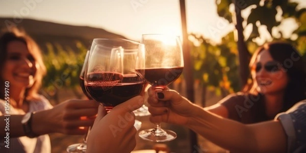 Obraz Four friends toasting with red wine in a vineyard at sunset.