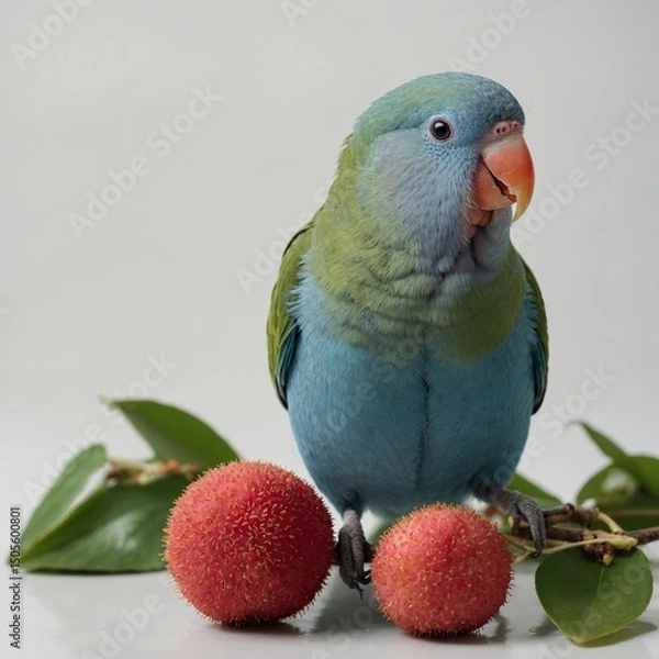 Fototapeta A parrotlet standing on a lychee, white background
