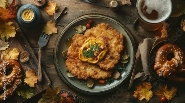 Fototapeta Flat lay of hearty Bavarian meal with schnitzel, pretzel, mustard, and beer, rustic autumn tones