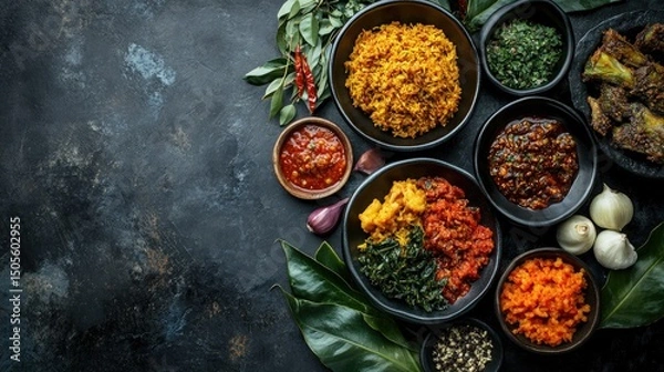 Obraz Flat lay of Indonesian Nasi Padang variety plate, featuring rendang, sambal, cassava leaves, crispy toppings, colorful spicy composition,