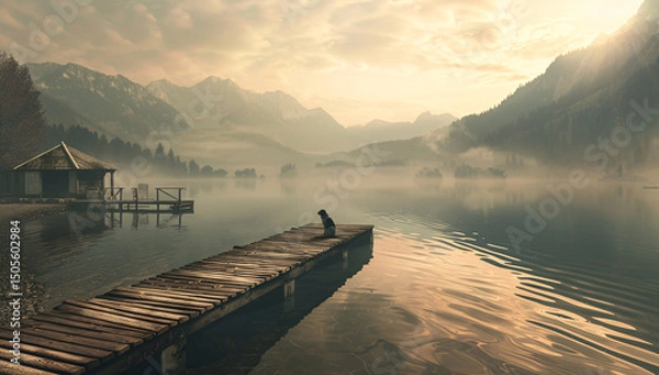 Fototapeta Solitude at the End of the Dock AI Illustration