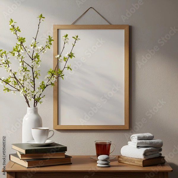Fototapeta Empty wooden framed poster on light beige wall with spring blossoms in a vase, a cup of tea and books on a wooden table. Stylish home decor mockup with neutral tones and natural elements.