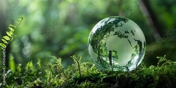 Obraz Glass Globe Reflecting Earth in Lush Green Forest Symbolizing Sustainability, Environmental Conservation, and Eco-Friendly Practices  