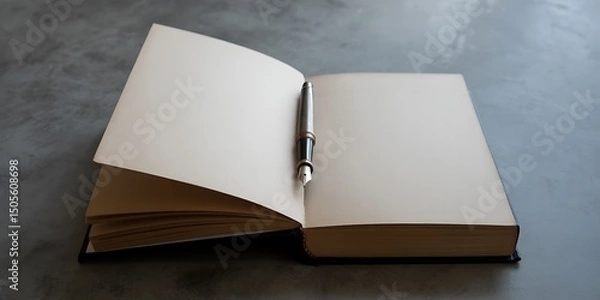 Obraz Open Blank Book with Pen on Gray Surface, Ready for Writing, Creativity, or Journaling