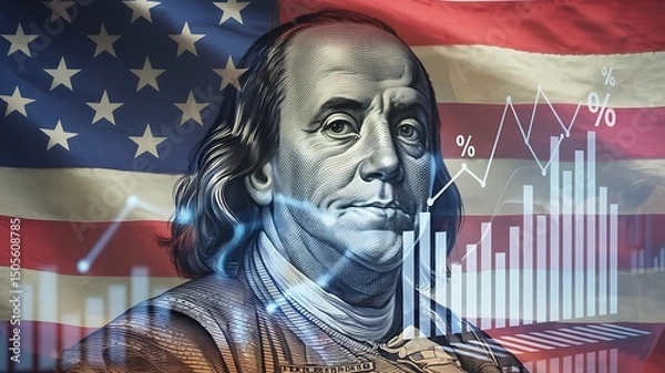 Obraz Benjamin Franklin Portrait with American Flag and Financial Graph Overlay Representing U.S. Economy and Market Trends