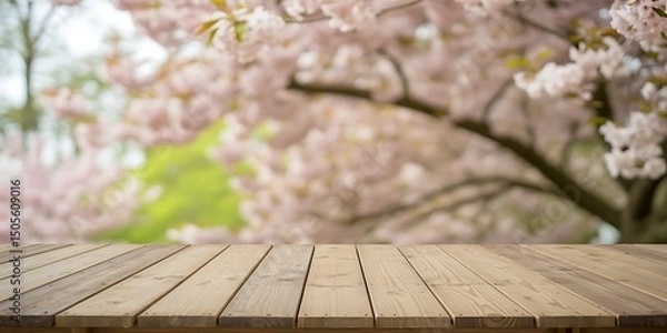 Obraz Empty wooden table with blurred cherry blossom background, spring nature scene, mockup for product display or design 