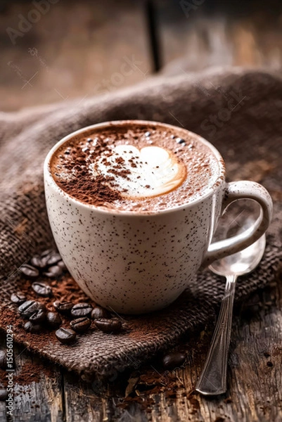 Obraz High-End Cappuccino with Latte Art in Ceramic Cup on Wooden Table in Cozy Cafe Setting, Warm Light and Minimal Background, Photorealistic Food Photography