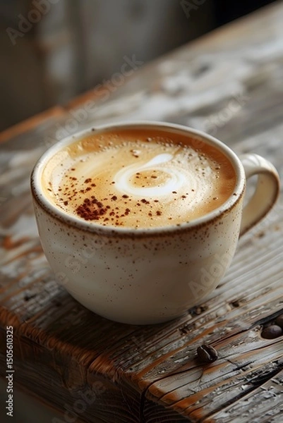 Fototapeta A steaming cup of coffee sits on a weathered wooden table, adorned with delicate latte art and sprinkled with cocoa powder. The setting evokes a cozy atmosphere, perfect for relaxation