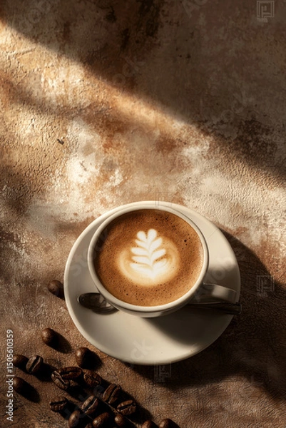 Obraz High-End Cappuccino with Latte Art in Ceramic Cup on Wooden Table in Cozy Cafe Setting, Warm Light and Minimal Background, Photorealistic Food Photography