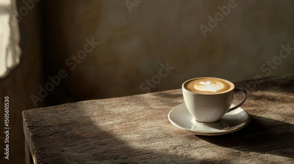 Obraz High-End Cappuccino with Latte Art in Ceramic Cup on Wooden Table in Cozy Cafe Setting, Warm Light and Minimal Background, Photorealistic Food Photography